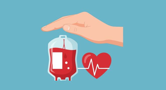 Blood Donation Care and Life Saving Support Concept with Hand Blood Bag and Heartbeat Illustration