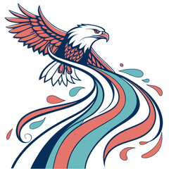 Fototapeta premium Majestic bald eagle in flight with outstretched wings, featuring a flowing stream of red, blue, and teal colors behind it.