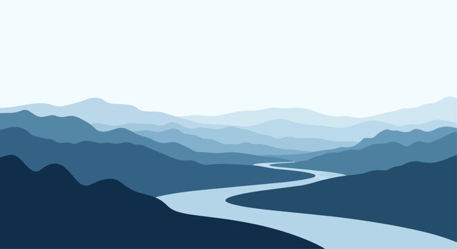 Abstract illustration of mountain range and river flowing through valleys