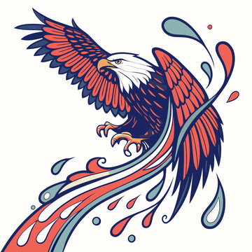 Eagle flying above water splash in traditional tattoo art style with bald head and red wings isolated on white background for creative design work.