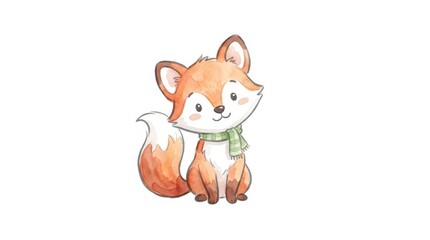 Fototapeta premium Cute Cartoon Fox with Green Scarf and Playful Expression