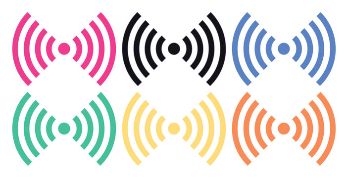 Vibrant Wi-Fi signal icons, a modern vector collection of six colorful wireless network symbols. Digital communication and connectivity graphics for technology and internet-related designs.