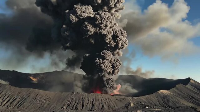 Aerial view of volcanic eruption with massive ash cloud