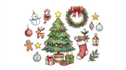 Naklejka premium Colorful Christmas Decorations Including Tree, Ornaments, and Gifts