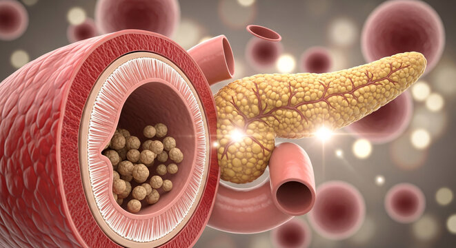 Human pancreas and duodenum with a blood vessel containing gallstones visible in cross section
