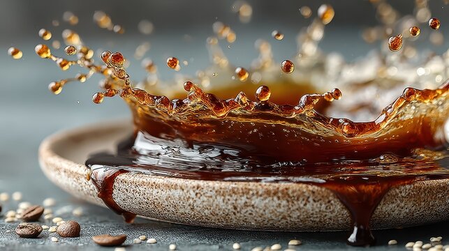 Close up of dark coffee splash with bubbles pou into a ceramic saucer on textured surface