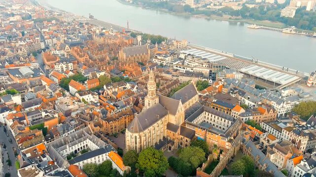 Antwerp, Belgium. Cathedral of St. Paul. The City Antwerp is located on the river Scheldt (Escaut). Summer morning. Drone footage, Point of interest