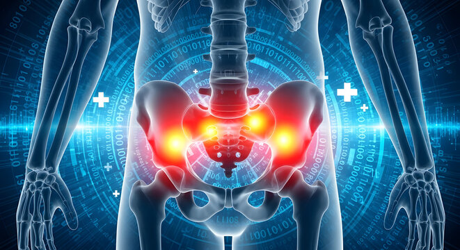 Human pelvic bone structure with highlighted pain points and surrounding digital medical data interface