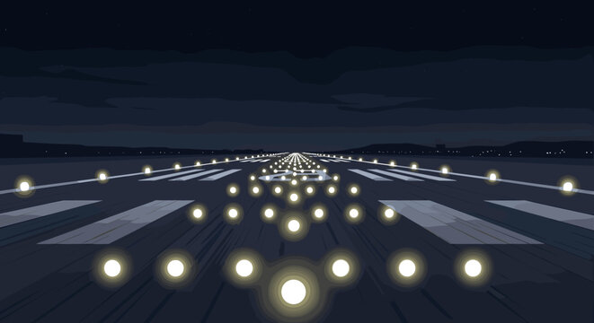 An illuminated airport runway at night, with numerous bright lights guiding the path for aircraft operations.