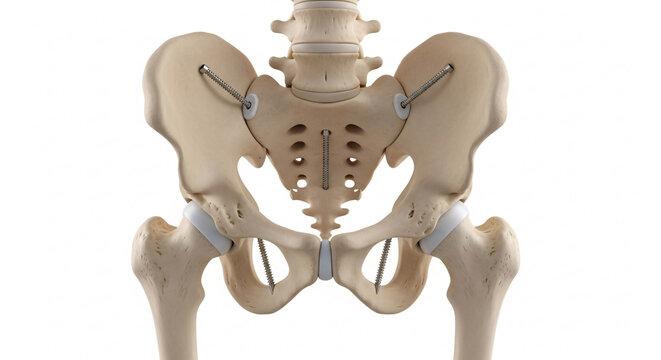 Human pelvis and upper leg bones displaying internal fixation with surgical screws for medical purposes