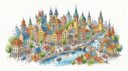 Obraz premium Colorful Cartoon City Skyline with River and Bridge in Daylight