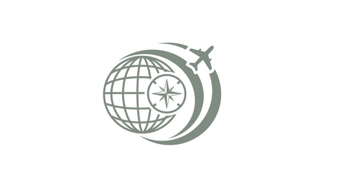 Travel and Tourism Logo Featuring Globe, Airplane, and Compass.