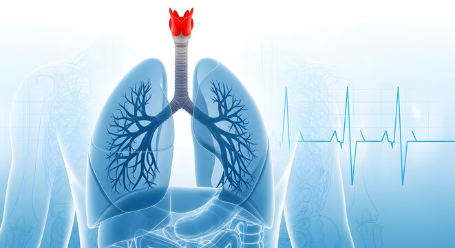 Human respiratory system anatomy with lungs and trachea in transparent body view and electrocardiogram background