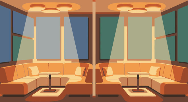 Modern lounge area with booth seating, tables, and ambient lighting, symmetrical design