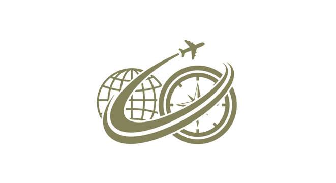 Travel and Tourism Logo Featuring Globe, Compass, and Airplane.