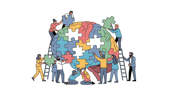 Diverse group of people assembling a giant jigsaw puzzle shaped like a human brain, symbolizing teamwork and cognitive processes.