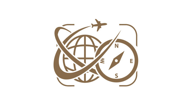 Travel and Tourism Logo Featuring Globe, Airplane, and Compass.