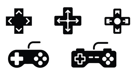 Black game controllers and directional pads in a dark silhouette, classic video game console symbols, gaming icons set, minimalist flat design © John D. Thornton