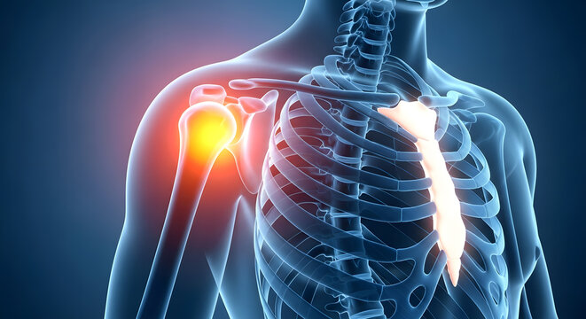 Human skeletal structure showing shoulder joint pain with a highlighted clavicle and sternum for medical visualization