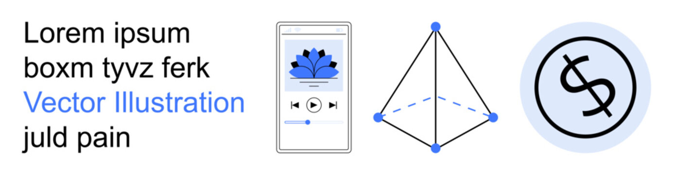 Financial technology, user interface, data visualization, economy, modern design, digital media. Abstract shapes with a smartphone interface, pyramid outline and dollar icon. Financial technology