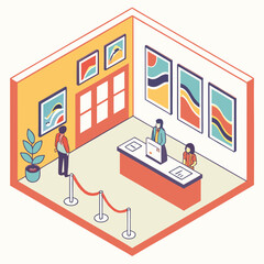 Obraz premium Isometric view of art gallery entrance with receptionist, visitor, and contemporary paintings on display.