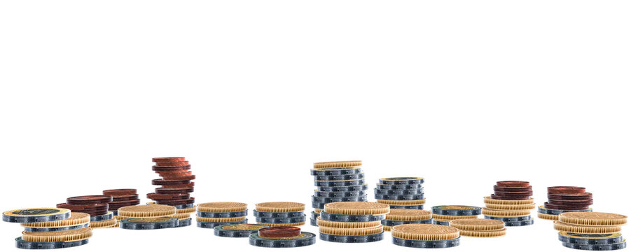 money coins euro stack pile isolated for market background, city country income - 3d rendering