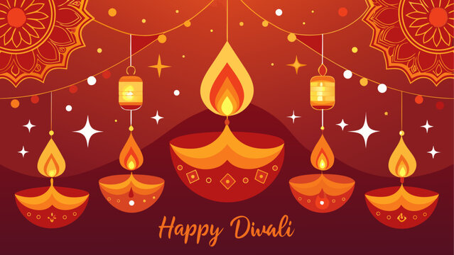 Colorful diya lamps arranged for a happy diwali celebration