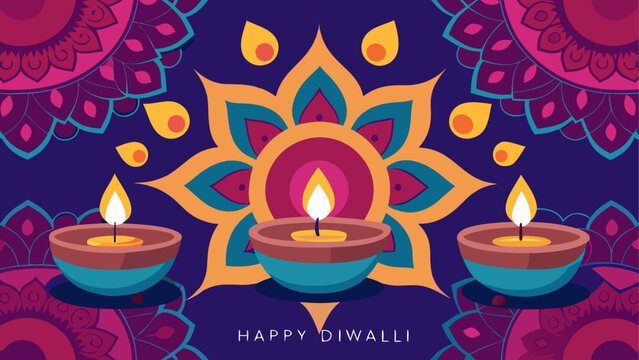 Diya lamp with floral rangoli design and lit candles