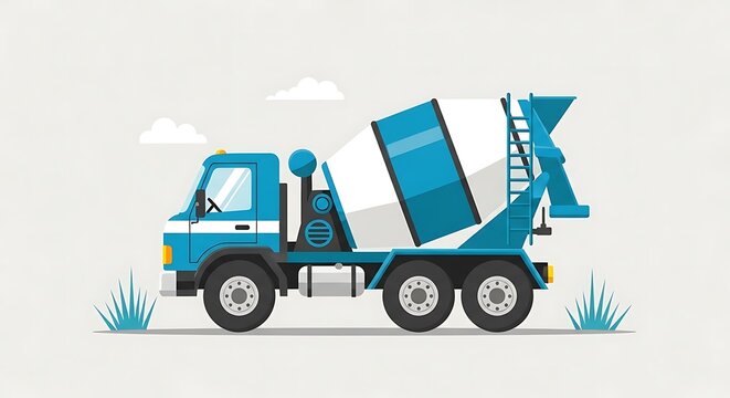 Blue cement mixer truck with white and blue drum and ladder on gray background with clouds and grass