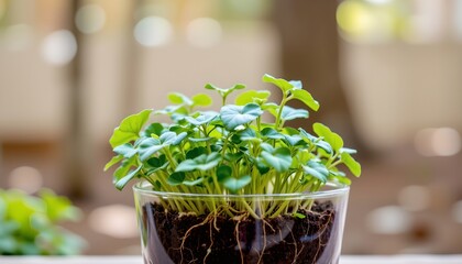 Vibrant Green Herb Glass Container with Visible Roots