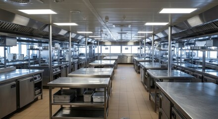Obraz premium A large, modern, stainless steel commercial kitchen with rows of cooking stations