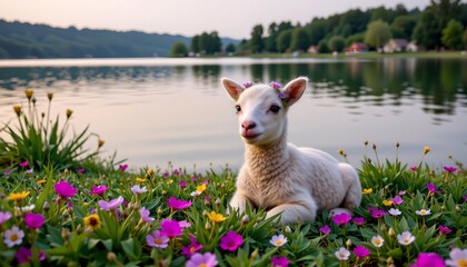Serene Lamb Blooming Lakeside Golden Hour
