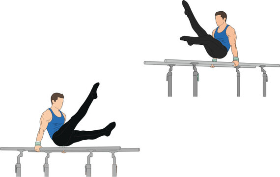 Male Gymnast Performing Parallel Bars Routine Set of Athletic Man Exercising in Gym Isolated on White Background Vector Illustration