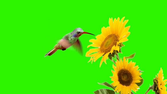 humming bird with sun flower Green Screen Video.