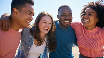 Happy friends laughing together outdoors for World Laughter Day, multicultural group expressing joy and positivity