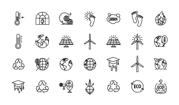 Climate change icon set with global warming carbon footprint and renewable energy symbols flat vector collection