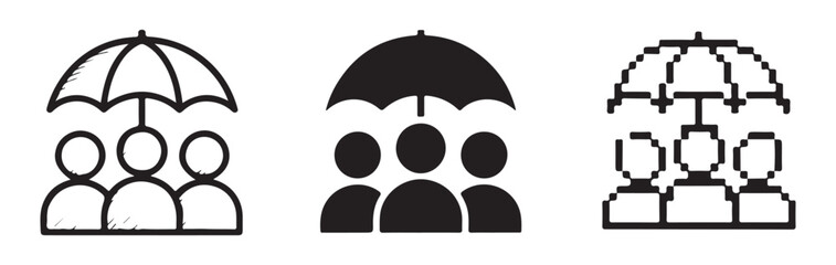 Three outlined people under a line art umbrella vector line icon design set. © MD.RAHIM