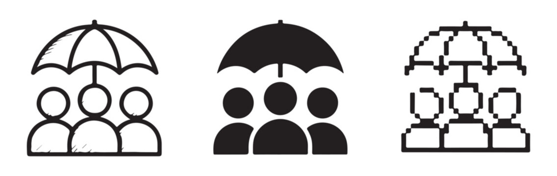 Three outlined people under a line art umbrella vector line icon design set.