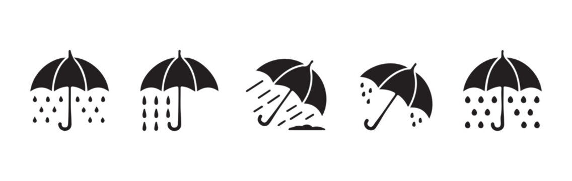Keep dry umbrella with rain drops icons set representing weather and protection silhouettes.