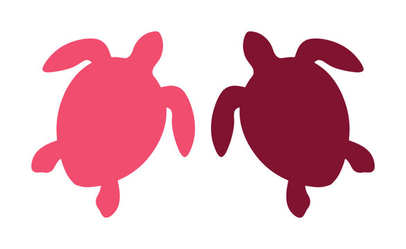 愛らしいウミガメのシルエット、ピンクとワインレッドの2匹の亀が並ぶ、シンプルで可愛い海洋生物のベクターイラスト素材。水生動物デザイン、子供向けコンテンツ、環境保護プロジェクトに最適なグラフィック。