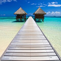Fototapeta premium A serene tropical scene with a wooden pier leading to huts