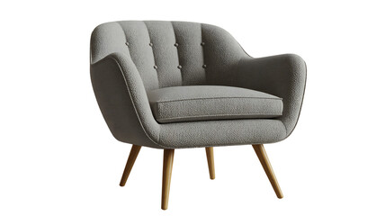 Fototapeta premium Modern Gray Bouclé Armchair with Wooden Legs Isolated on White Background