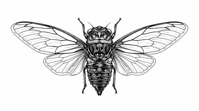 Detailed Cicada Insect Drawing Winged Bug Black and White.