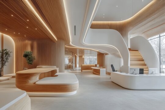 White and wooden open space office interior, designed for a clean, minimalist work environment, Generative AI