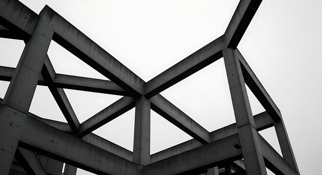 An abstract industrial metal roof structure features a modern steel beam frame design set against a clear blue sky to showcase architectural strength in building construction