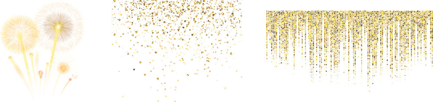 Golden balloon Ribbon Heart, star and round ball shapes holidays and party decoration concept. Falling shiny golden confetti Celebration banner with gold confetti and balloons