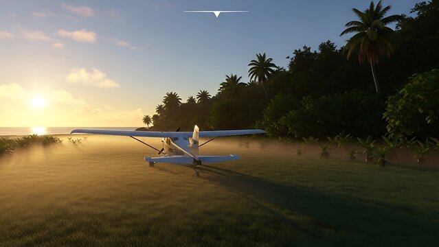 Seaplane prepares to land on calm water at sunrise, with lush tropical foliage and palm trees lining the shore.