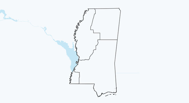 Simple black outline map showing the borders of Mississippi state and its counties for geography, education, or travel planning.