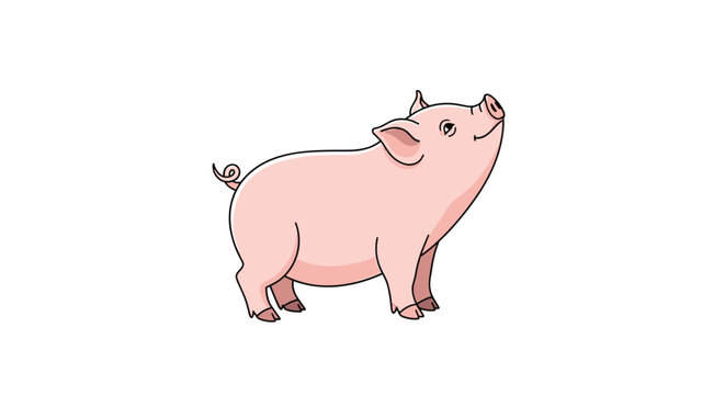 Adorable pink pig standing and looking up with a happy expression for farm animal themes, nursery art, or kid's storybooks.