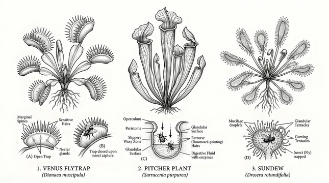 Carnivorous Plants Venus Flytrap Pitcher Plant Sundew - Scientific Botanical Art.
